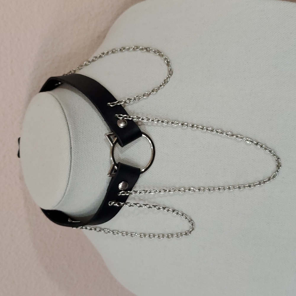 Goth Leather & Silver Chain 16" Choker Necklace, Black/Silver